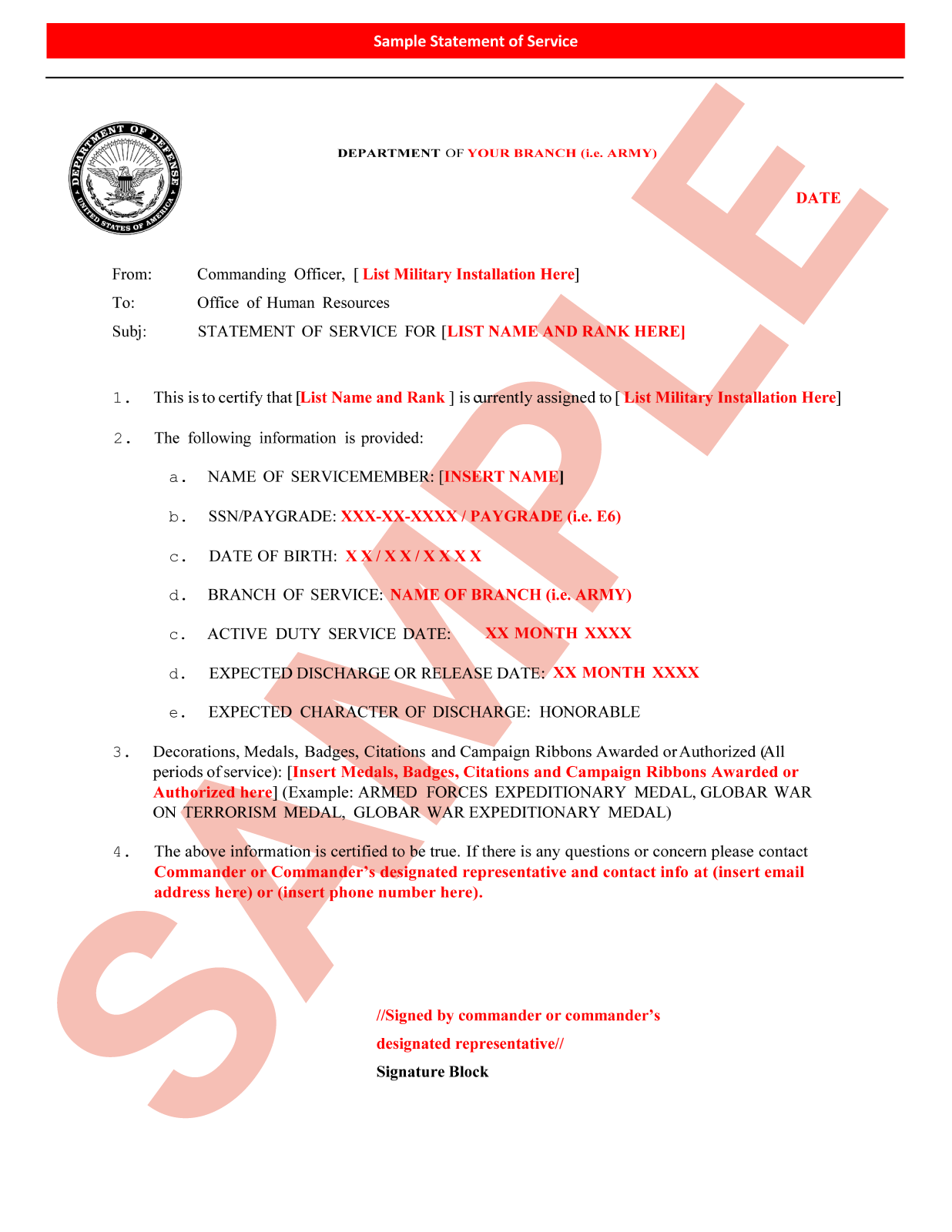 Example image of a statement of service for a VA loan.