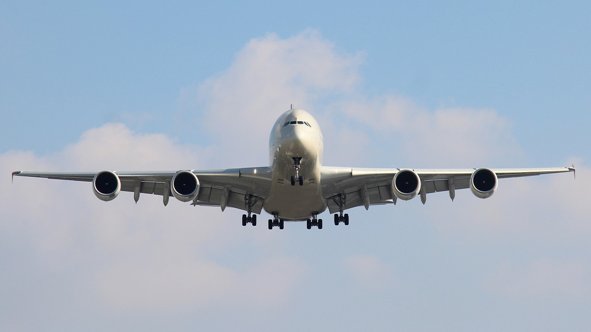 Airplane deploying landing gear.