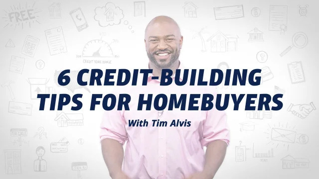 Smiling man in a pink shirt with text '6 Credit-Building Tips for Homebuyers with Tim Alvis' over a white background with financial icons.