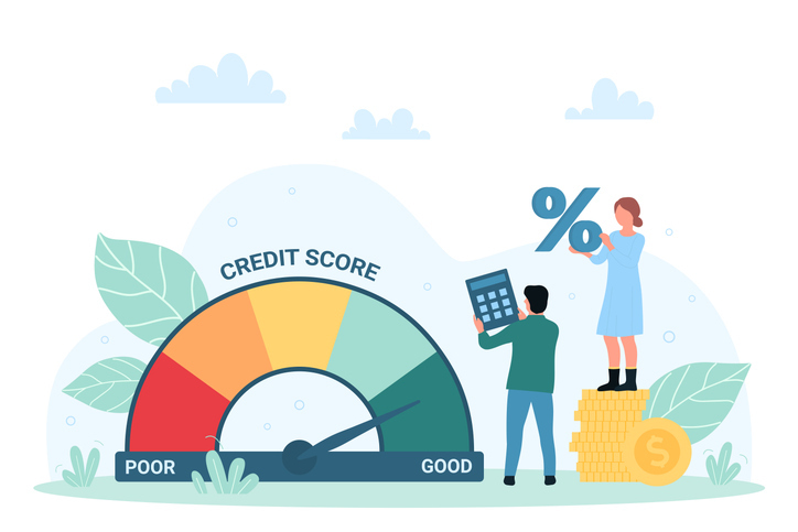 An illustration showing a large credit score meter with zones from 'poor' to 'good', and characters interacting with financial symbols like a calculator and percentage sign.